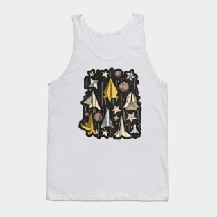 Reaching for the stars // illo // black background ivory grey brown and yellow origami paper asteroids stars and space ships traveling light speed Tank Top